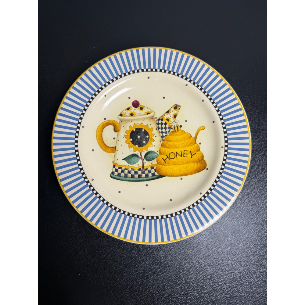 VTG Sakura Teapots Salad Plate 8.25in Blue 1998 Sunflower Honey Bee Stoneware